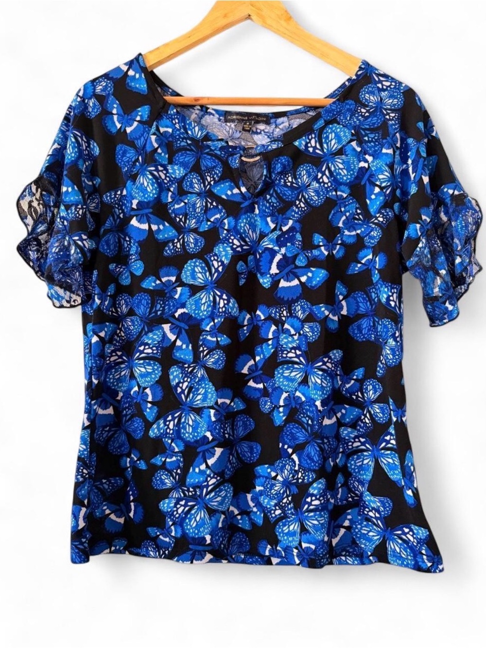 Adrienne Vittadini Black Top with Electric Blue Butterfly Motif